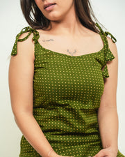Mehira Olive Tie-Shoulder Polka Dot Short Kurti