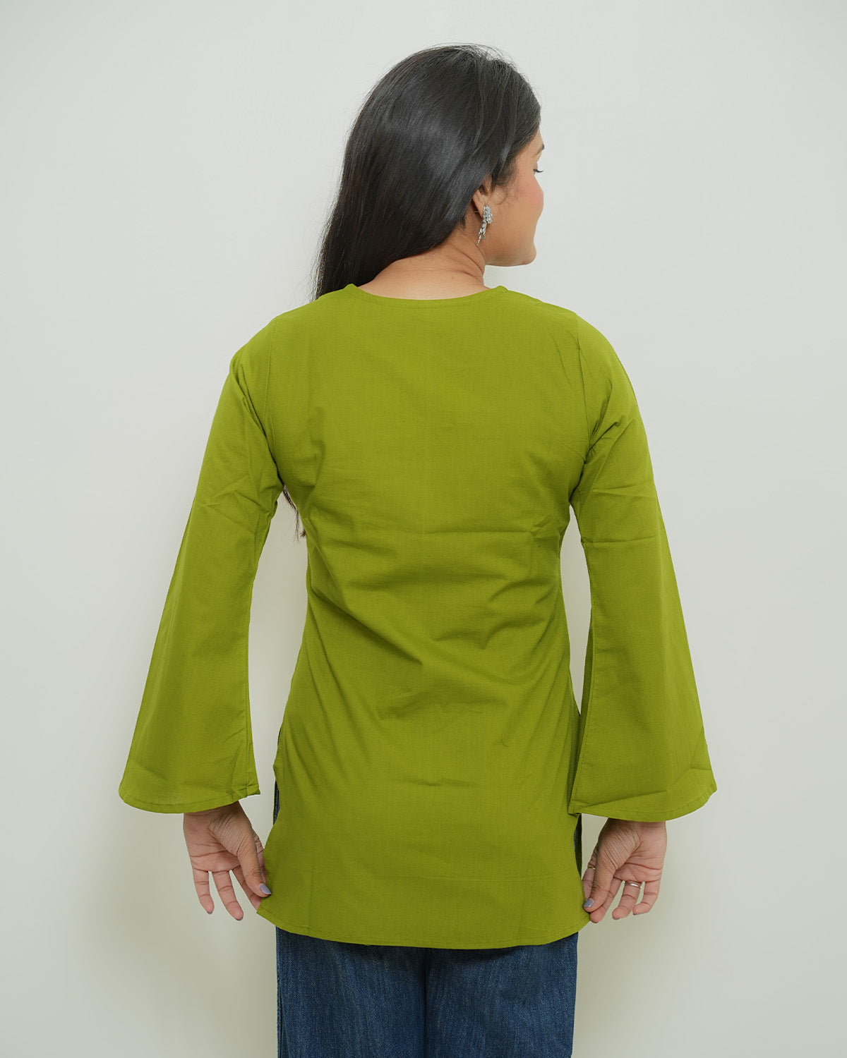 Rangini Olive Bell-Sleeve Cotton Short Kurti