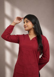 Rangini Red Bell-Sleeve Cotton Short Kurti