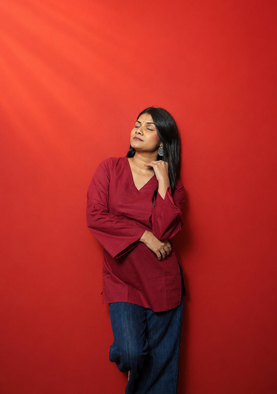 Rangini Red Bell-Sleeve Cotton Short Kurti