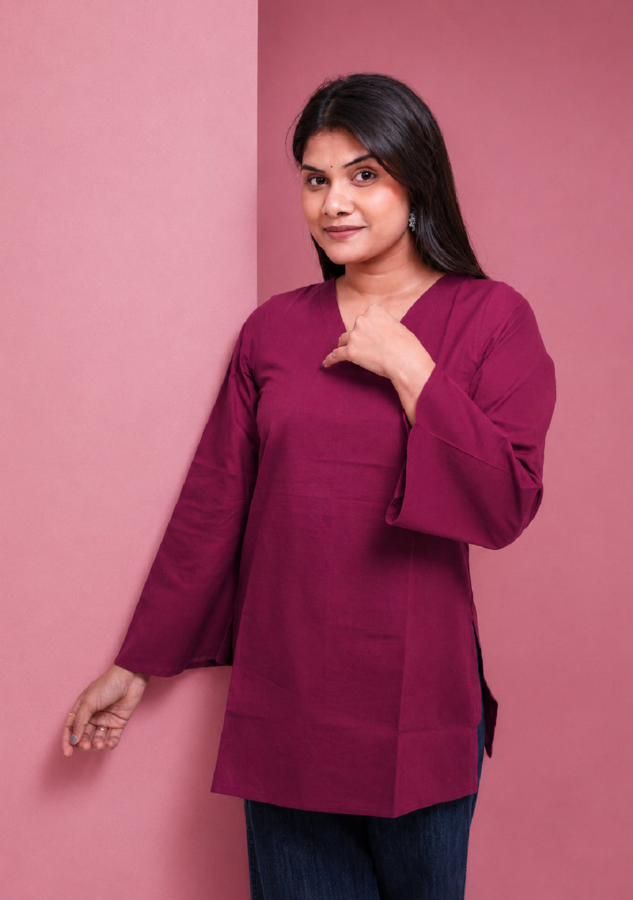 Rangini Magenta Bell-Sleeve Cotton Short Kurti