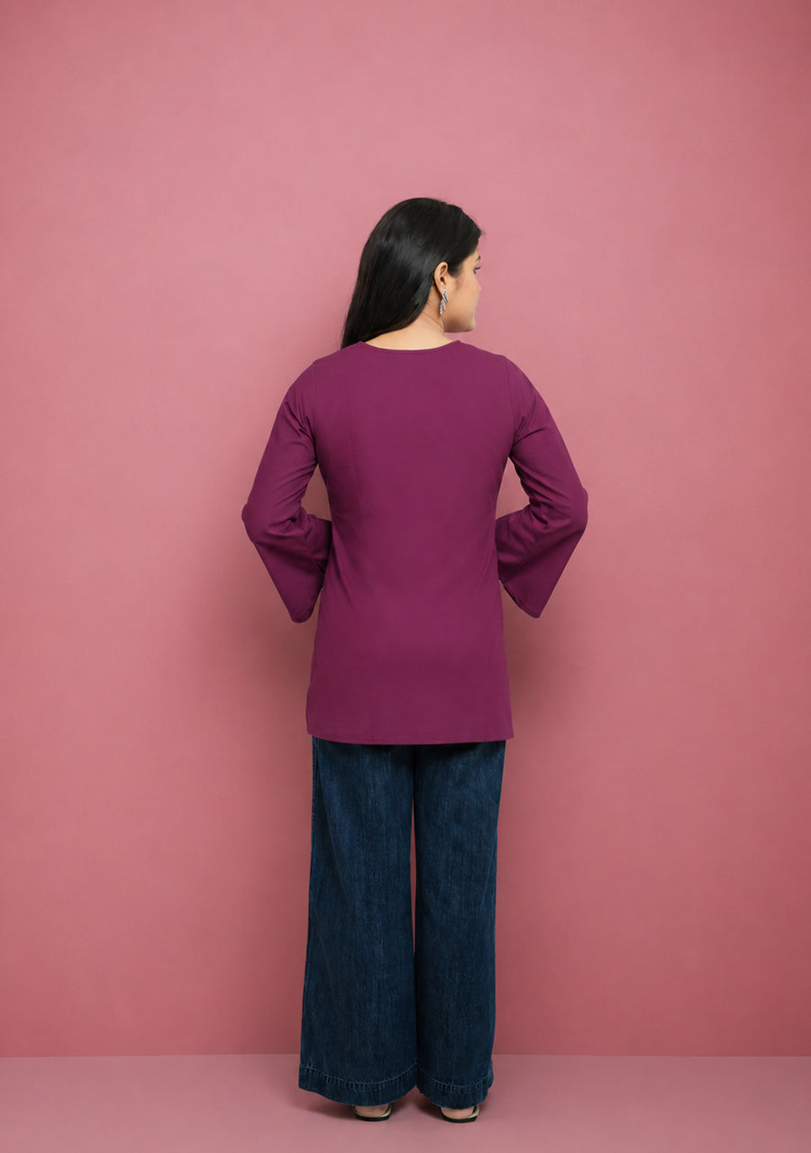 Rangini Magenta Bell-Sleeve Cotton Short Kurti