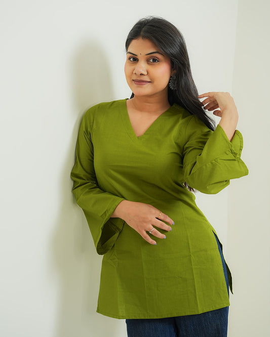 Rangini Olive Bell-Sleeve Cotton Short Kurti