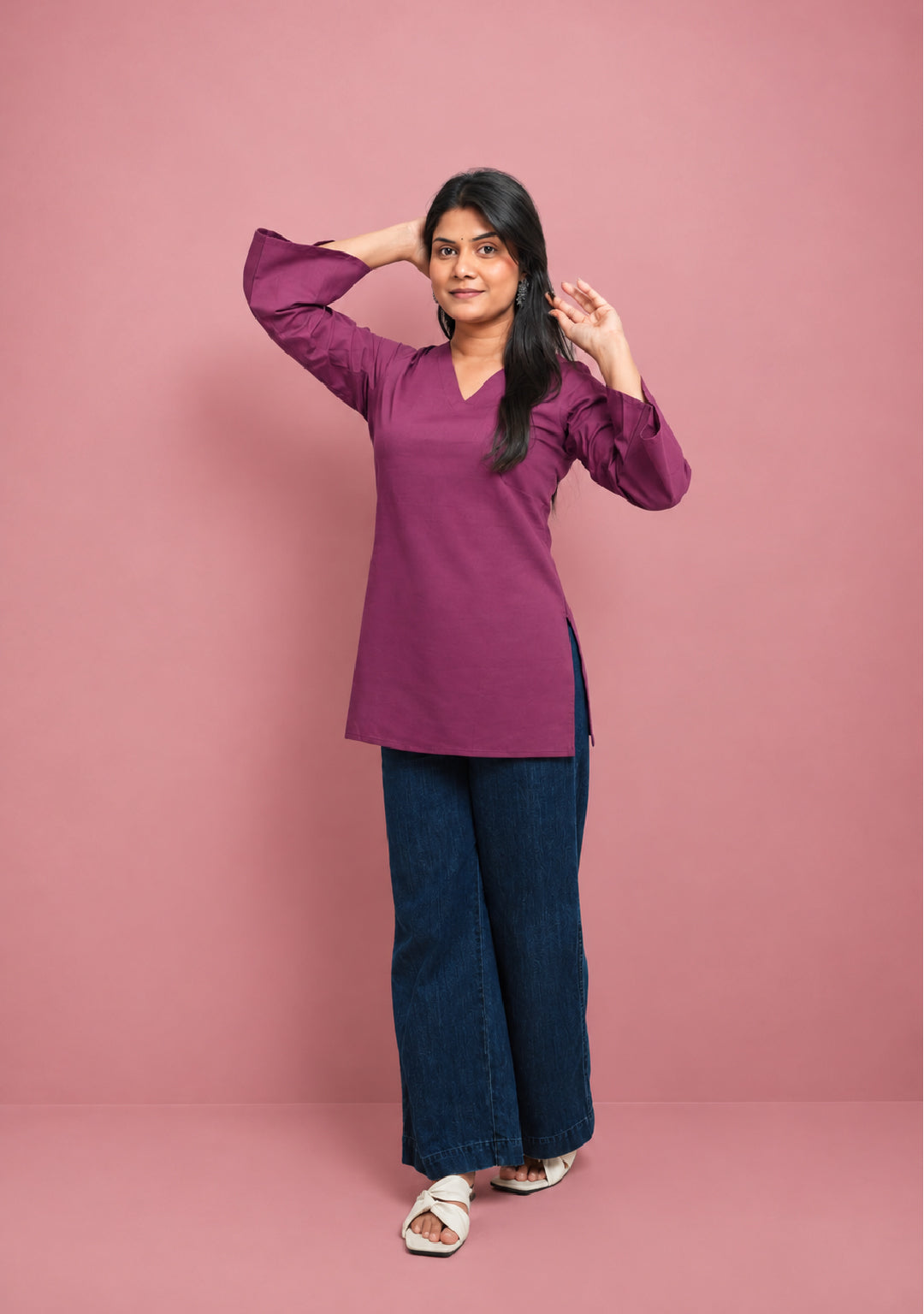 Rangini Magenta Bell-Sleeve Cotton Short Kurti