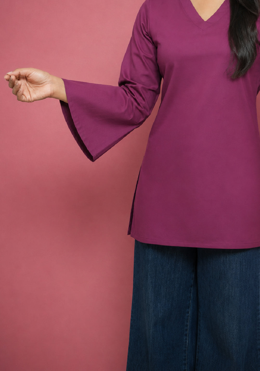 Rangini Magenta Bell-Sleeve Cotton Short Kurti