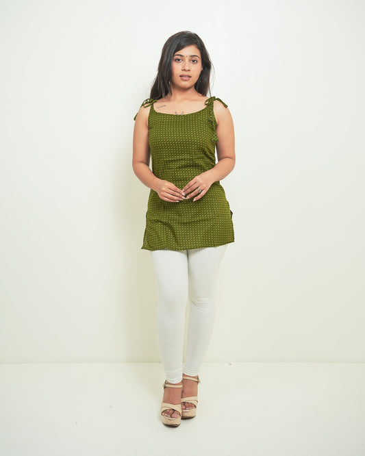 Mehira Olive Tie-Shoulder Polka Dot Short Kurti
