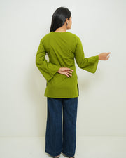 Rangini Olive Bell-Sleeve Cotton Short Kurti