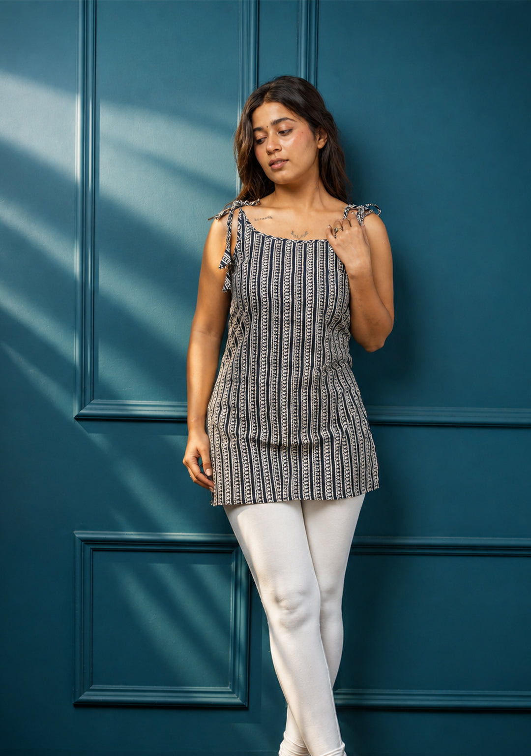 Mehira Indigo Printed Tie-Shoulder Short Kurti