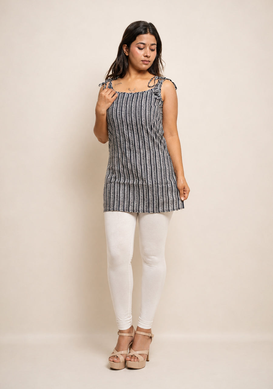 Mehira Indigo Printed Tie-Shoulder Short Kurti