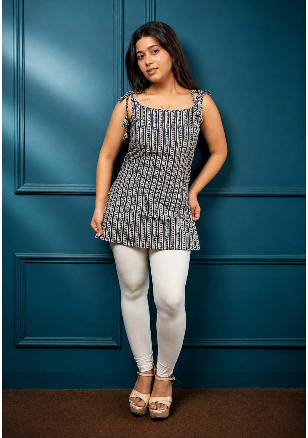 Mehira Indigo Printed Tie-Shoulder Short Kurti