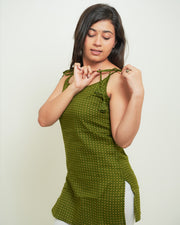 Mehira Olive Tie-Shoulder Polka Dot Short Kurti
