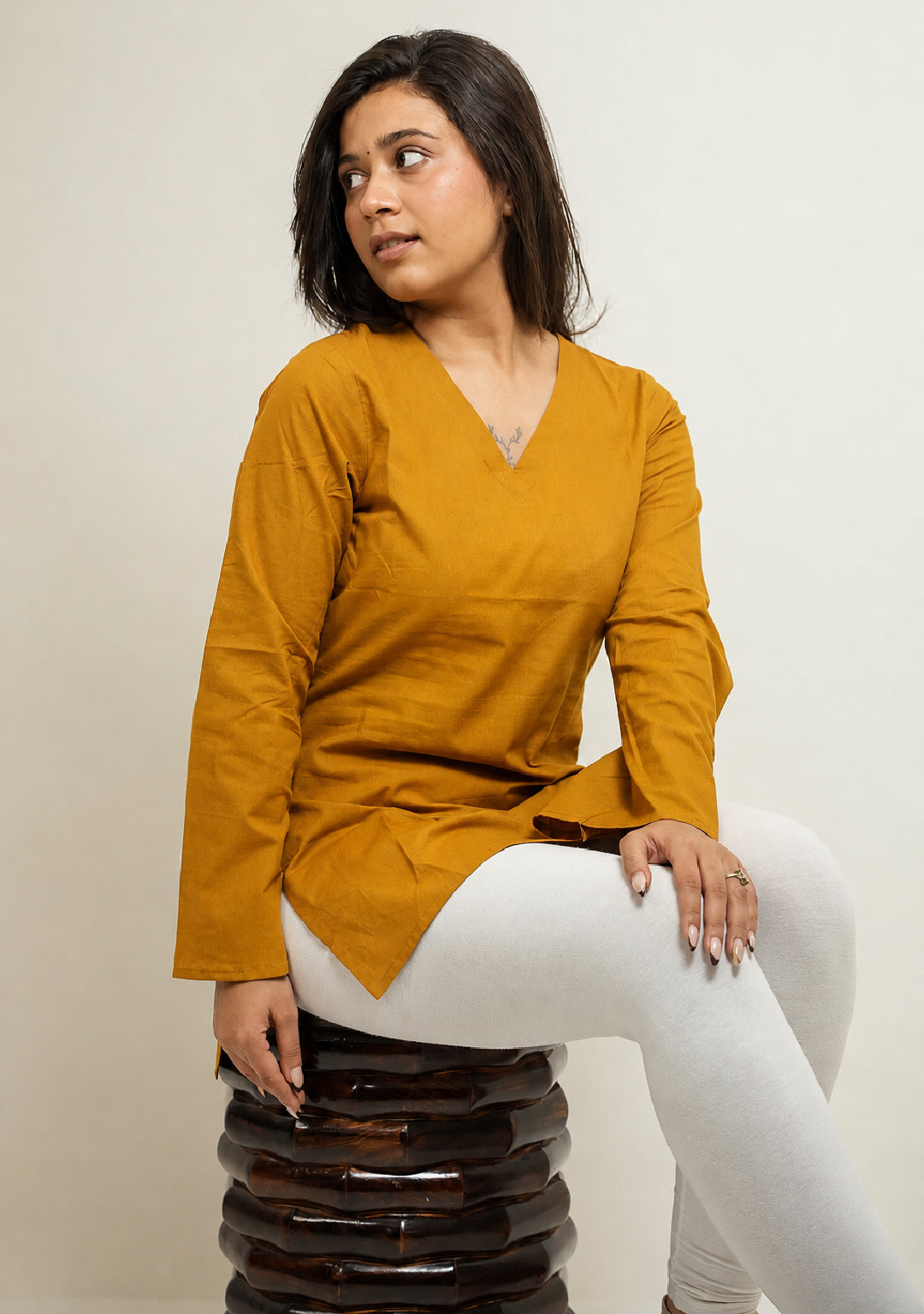 Rangini Mustard Bell-Sleeve Cotton Short Kurti