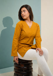 Rangini Mustard Bell-Sleeve Cotton Short Kurti