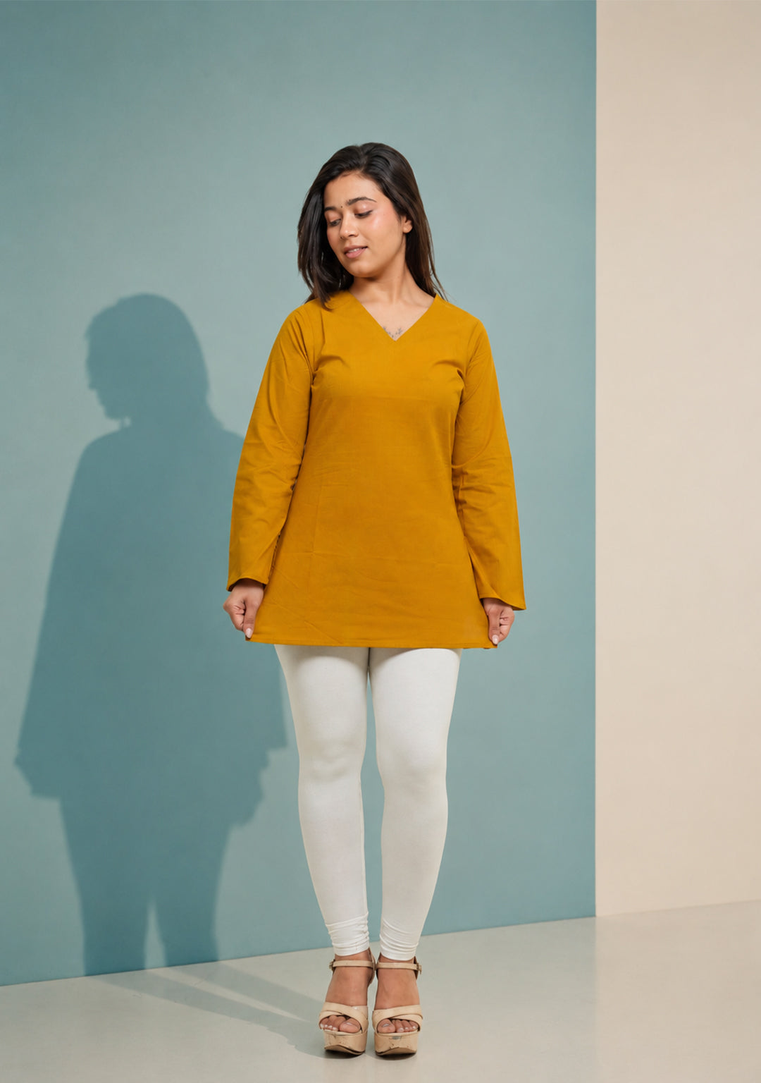 Rangini Mustard Bell-Sleeve Cotton Short Kurti
