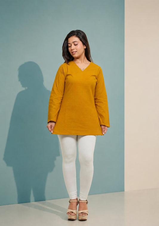 Rangini Mustard Bell-Sleeve Cotton Short Kurti
