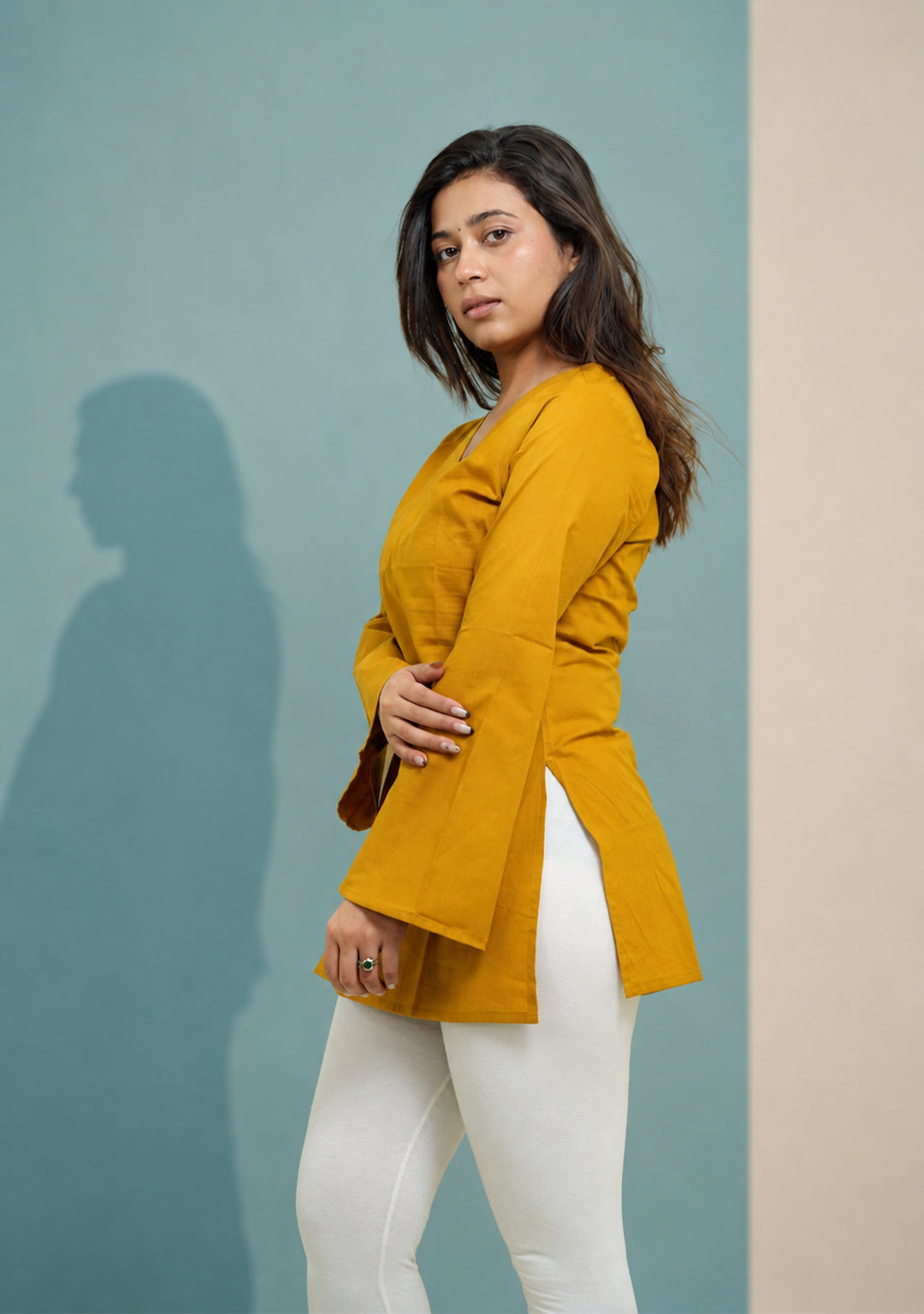 Rangini Mustard Bell-Sleeve Cotton Short Kurti