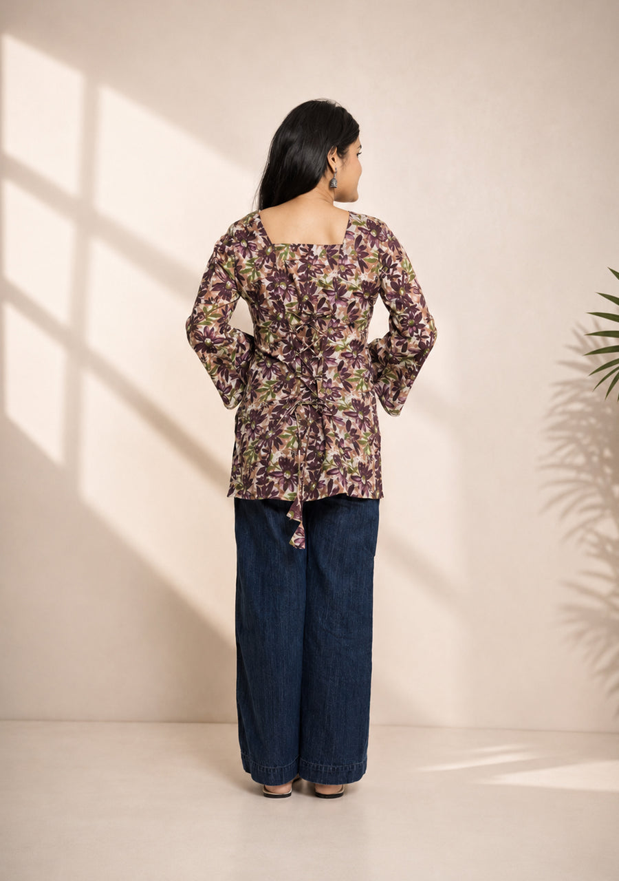 Gulnaar Purple Floral Square-Neck Short Kurti
