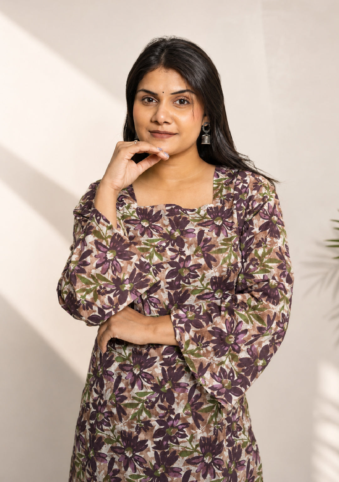 Gulnaar Purple Floral Square-Neck Short Kurti