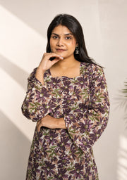 Gulnaar Purple Floral Square-Neck Short Kurti