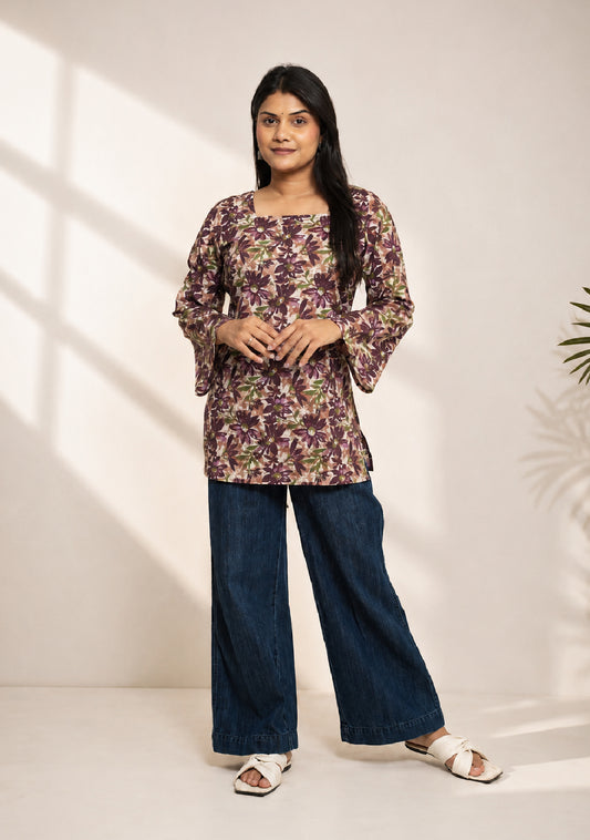 Gulnaar Purple Floral Square-Neck Short Kurti