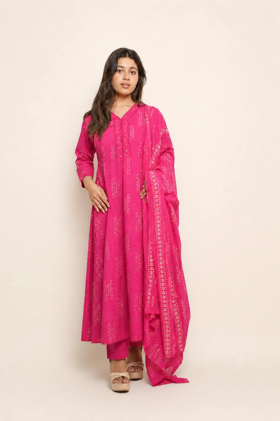 Gulnaar Rani pink printed Anarkali set with dupatta – full front view