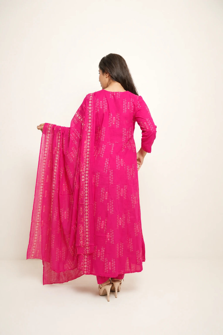 Gulnaar Rani pink printed Anarkali set with dupatta – full back view