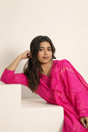 Gulnaar Rani pink printed Anarkali set – lifestyle portrait