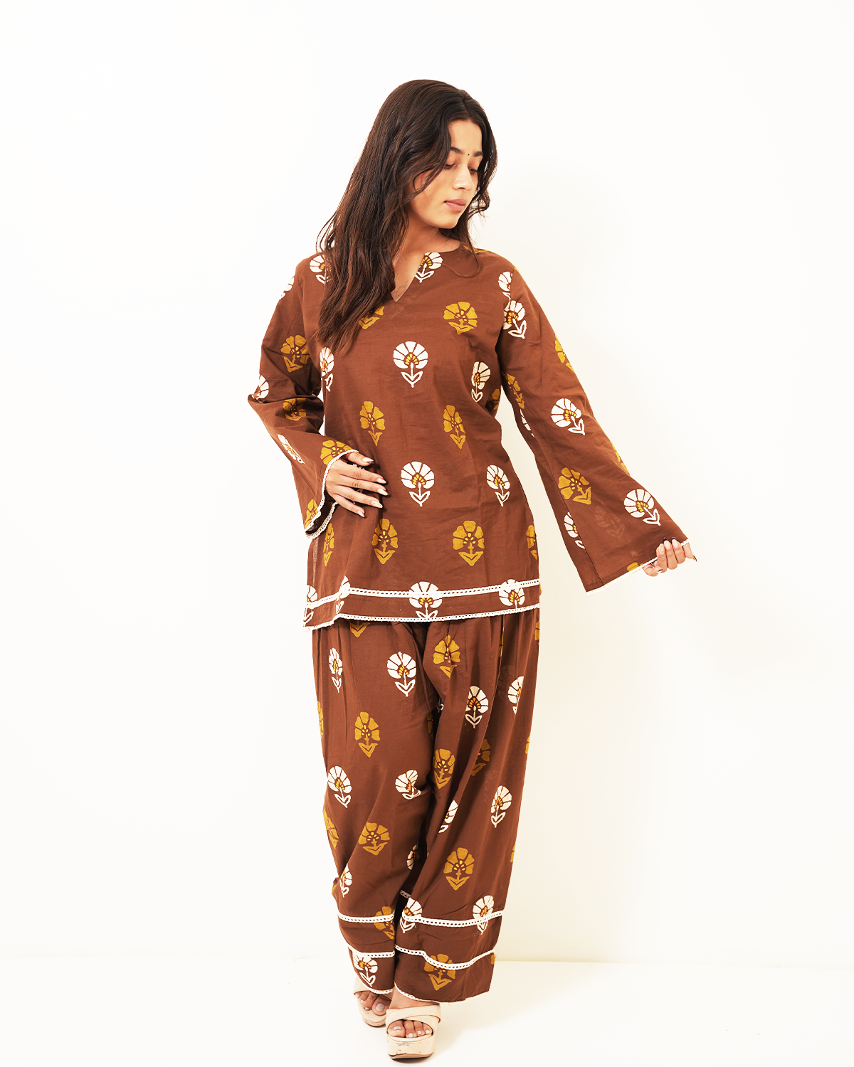 Mahira Cocoa Brown Floral Farshi Salwar Co-ord Set