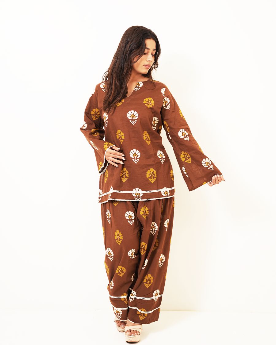 Mahira Cocoa Brown Floral Farshi Salwar Co-ord Set