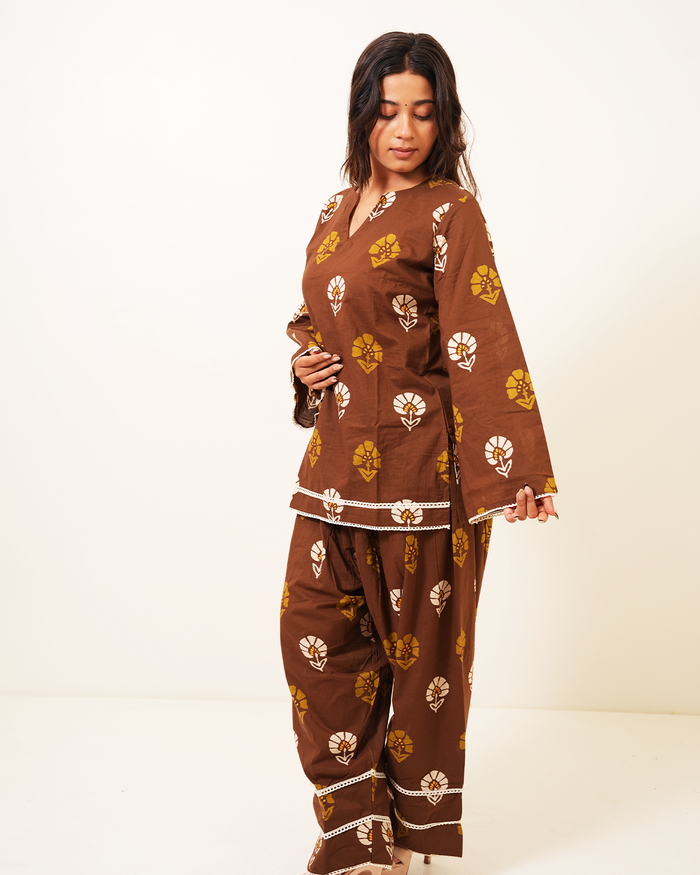 Mahira Cocoa Brown Floral Farshi Salwar Co-ord Set