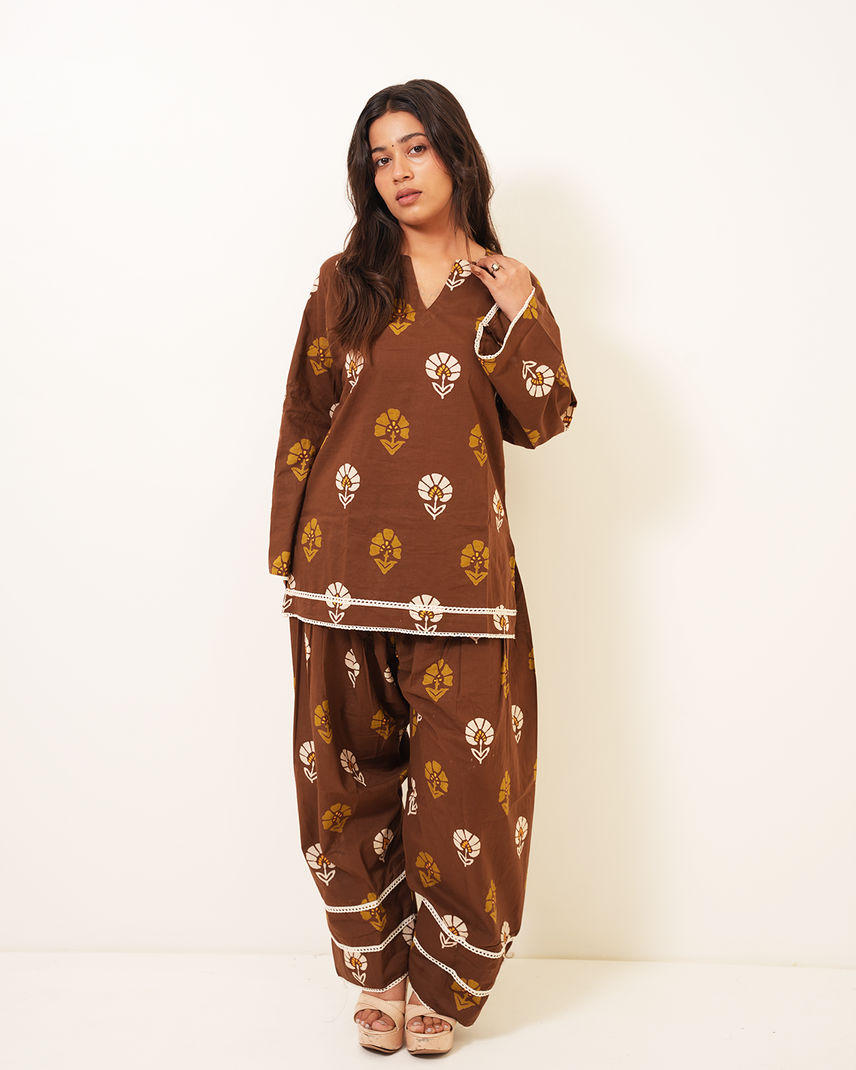 Mahira Cocoa Brown Floral Farshi Salwar Co-ord Set