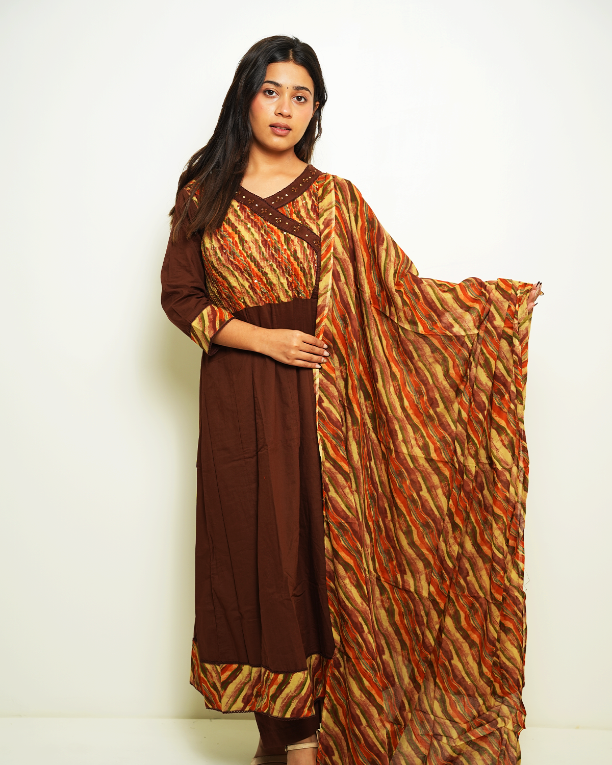 Vasudha Chocolate Brown Printed Anarkali Set with Dupatta