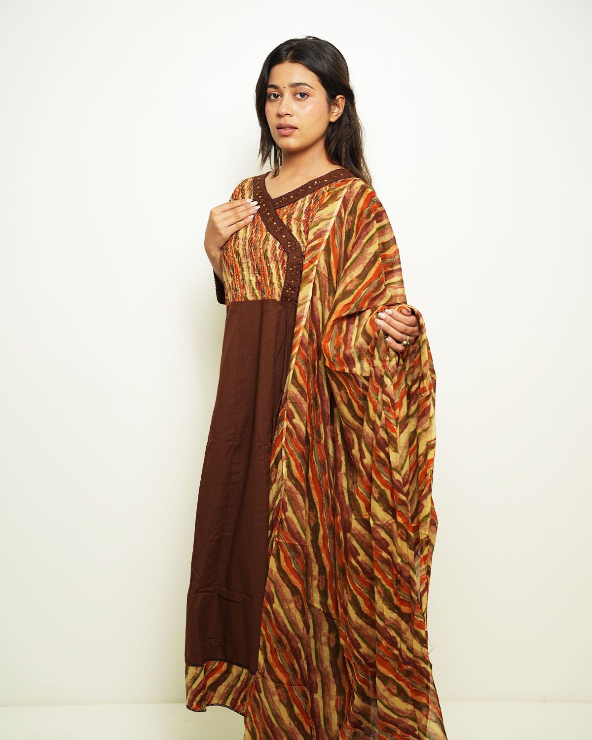 Vasudha Chocolate Brown Printed Anarkali Set with Dupatta